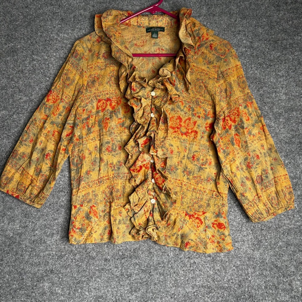 Lauren Ralph Lauren Ruffle Front Paisley Cotton Blouse Yellow Orange Large